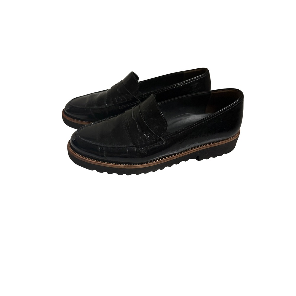Paul Green Black Patent Leather Penny Loafers Lug Sole Zipper Trim Womens